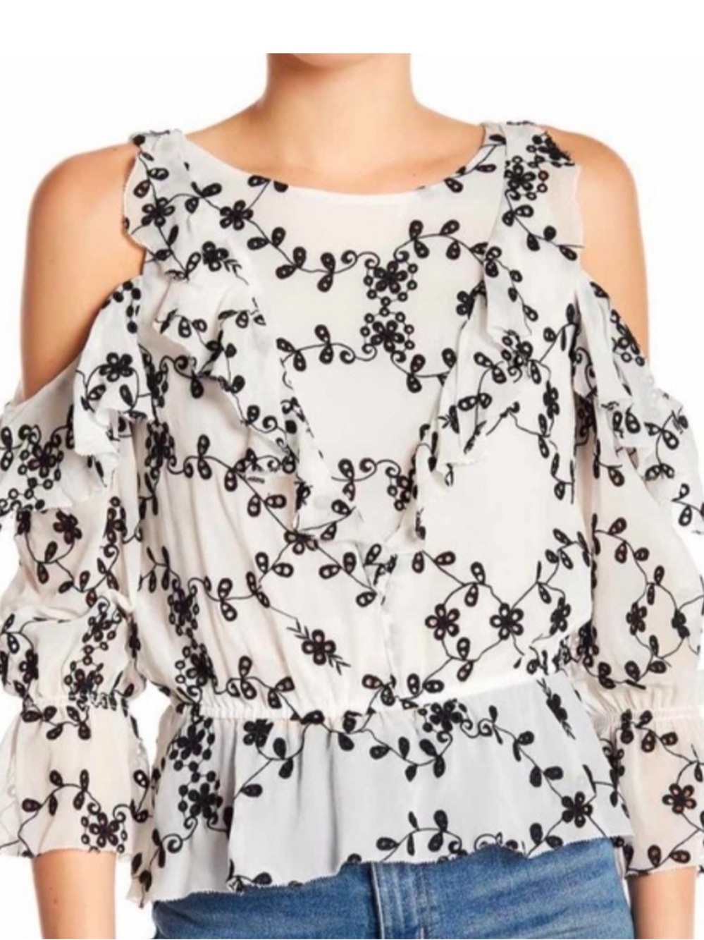 Women's white sheer top with black embroidery